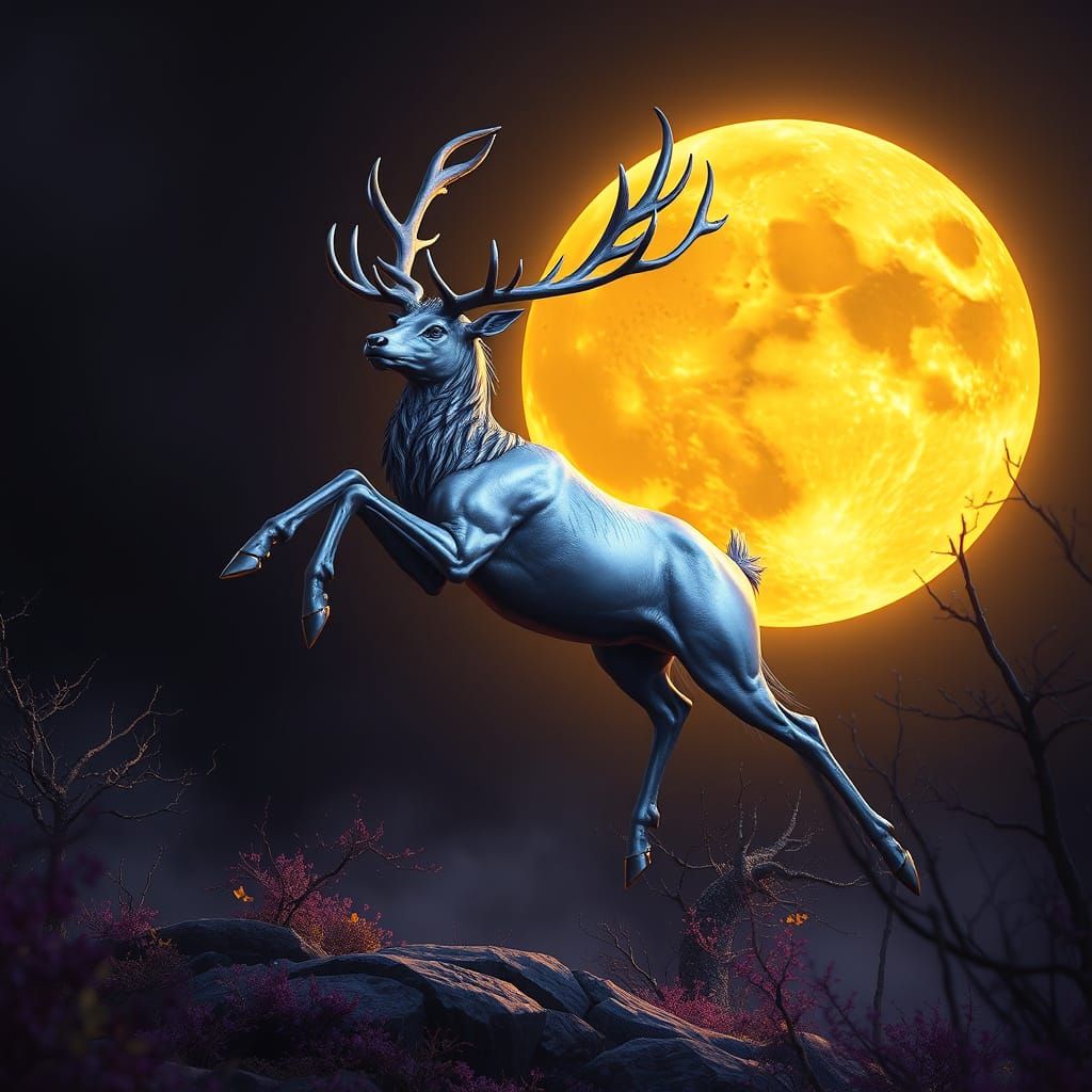 Silver Stag Leaps Before Golden Moon: Art Nouveau Fantasy