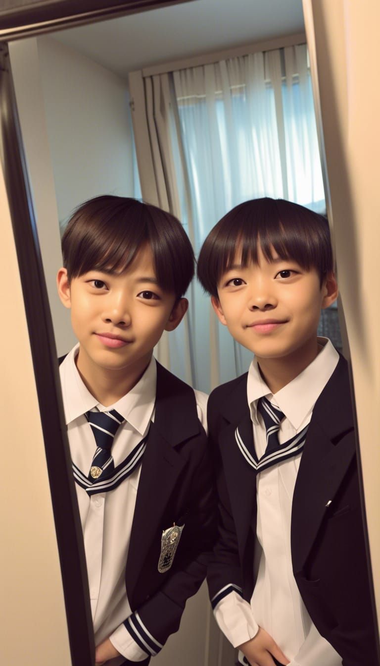Japanese Tween Boys Selfie in School Uniform