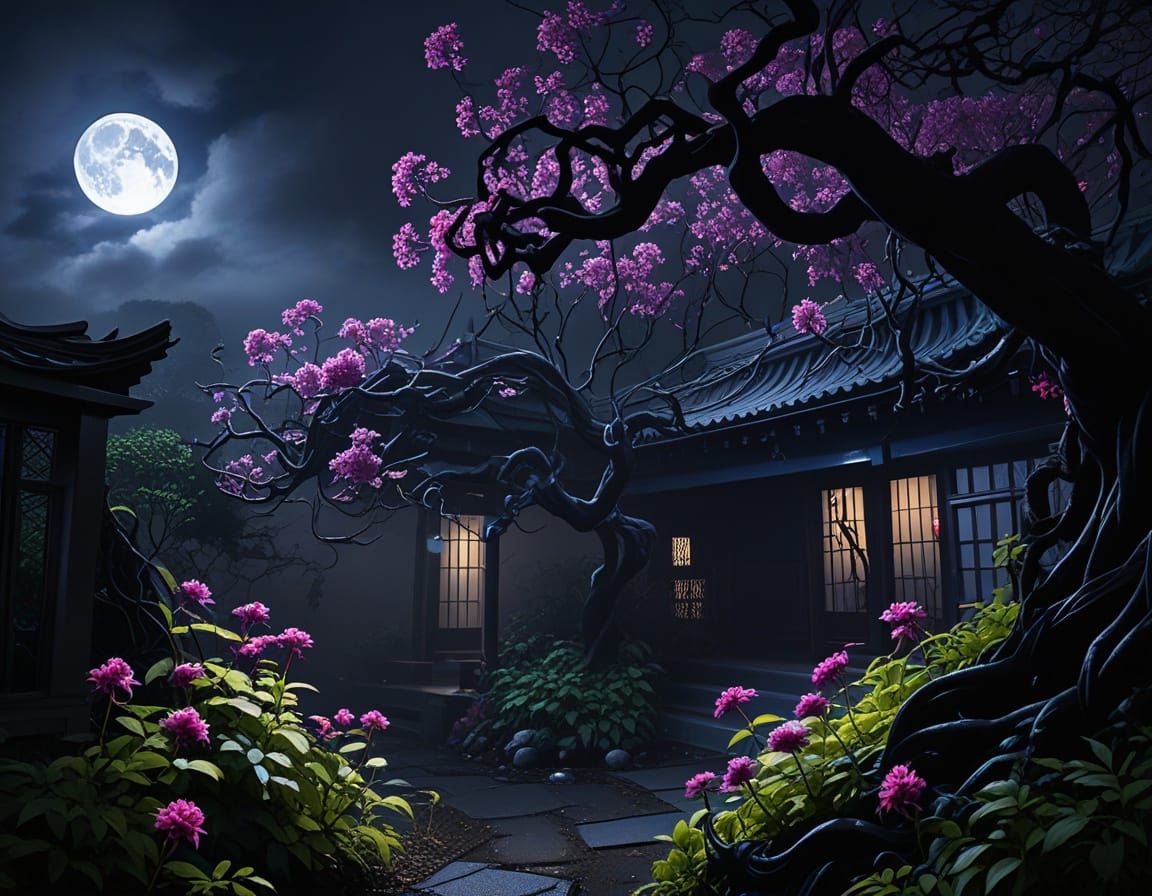 Creepy Garden with Glowing Flowers in Ukiyo-e Style