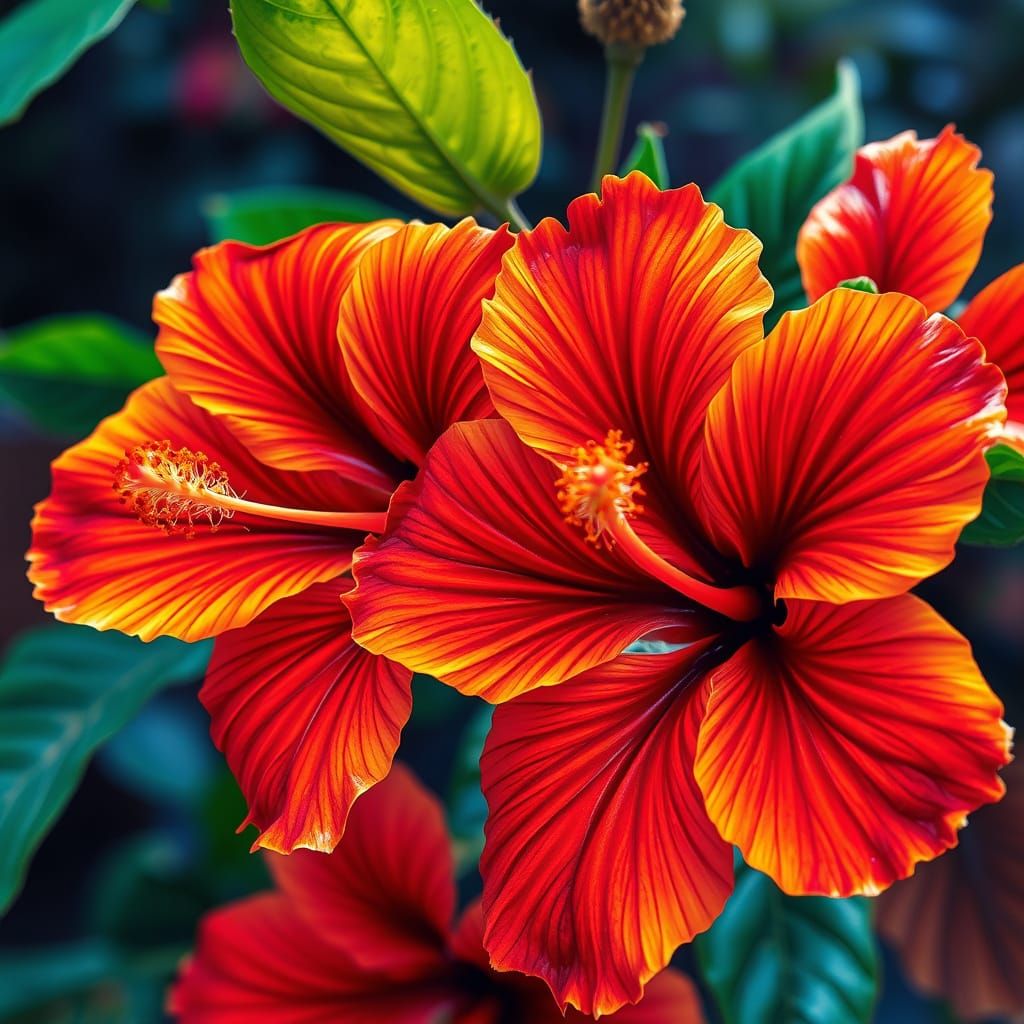 Vibrant Hibiscus Blooms in Hyper-Realistic Pointillism