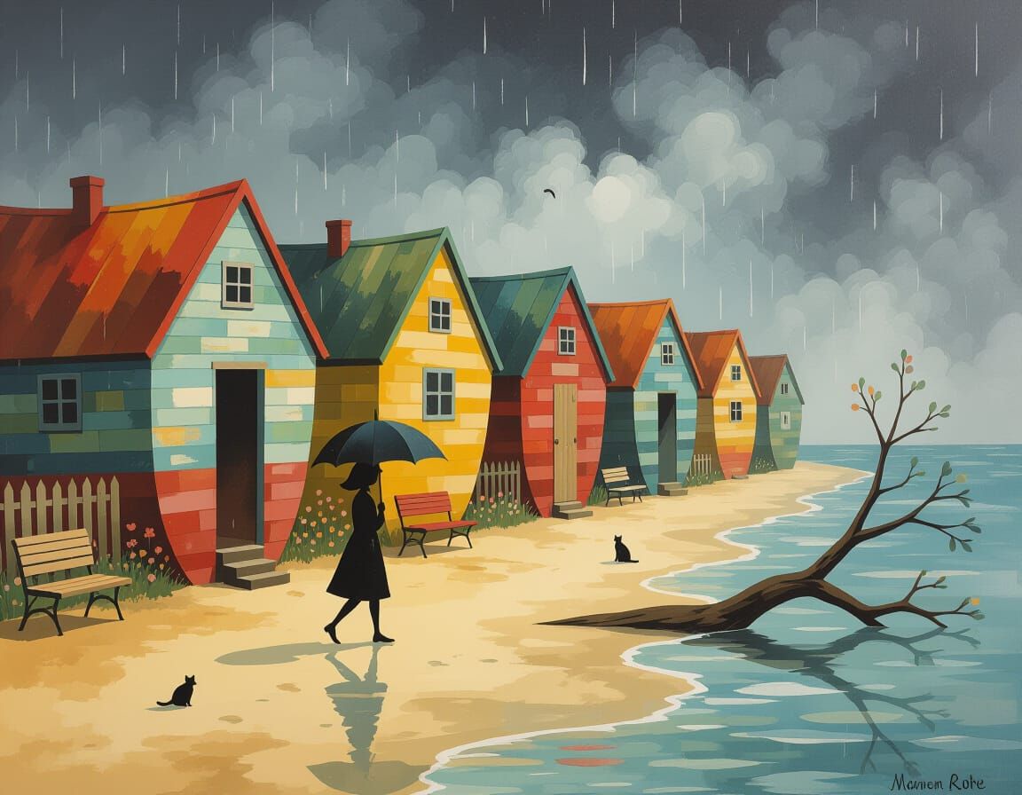 Whimsical Figure on Beach in Surreal Naive Style