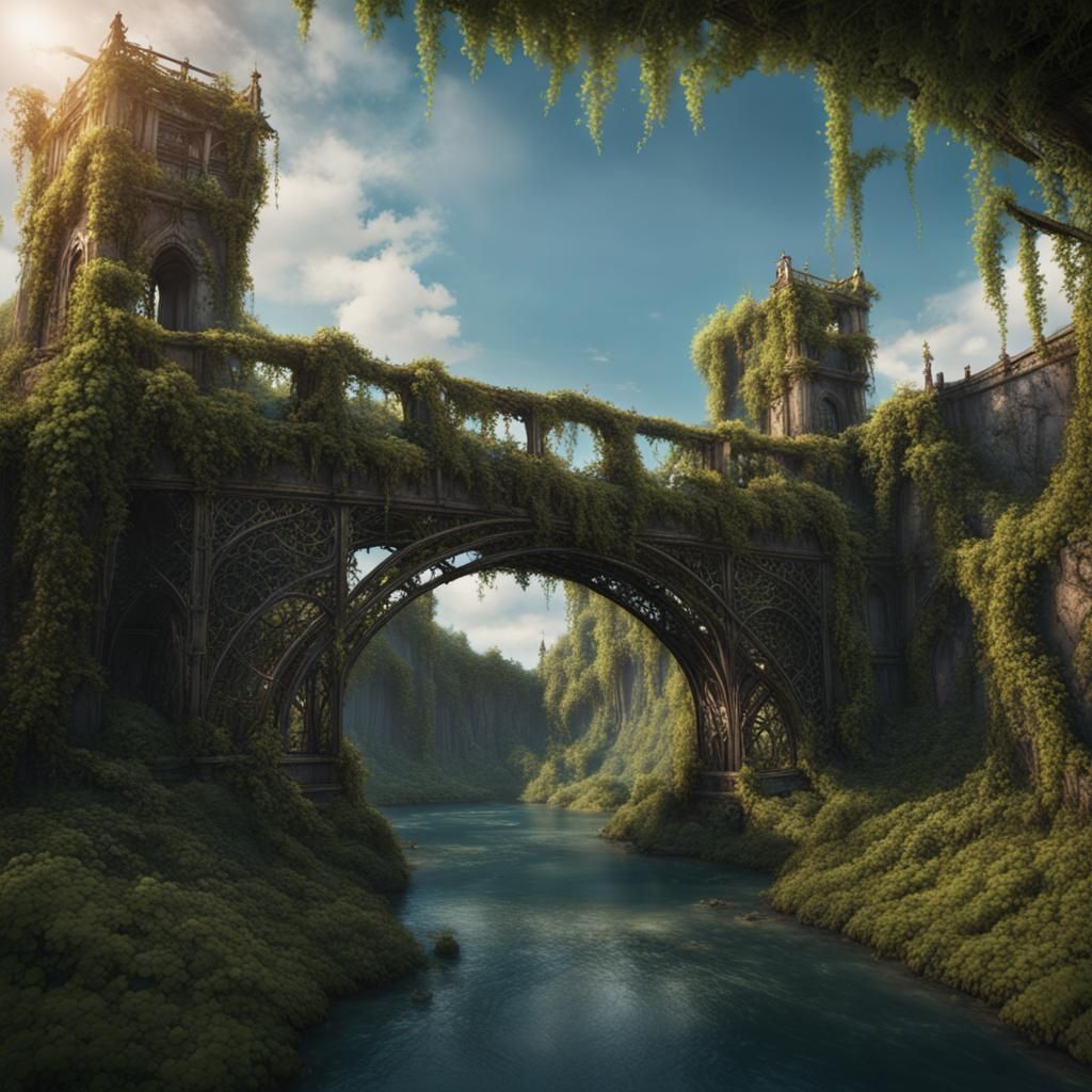 Detailed Painting of Broken Bridge with Vines