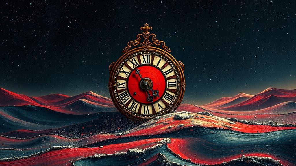 Stunning Broken Clock Emerges from Cosmic Fabric in Crimson....