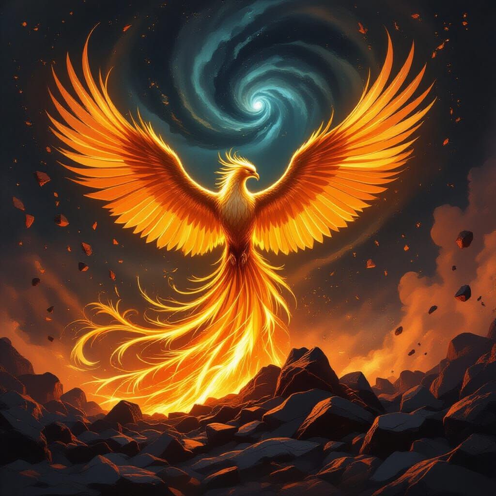 Majestic Phoenix Rises from Gold and Obsidian in Cosmic Vort...