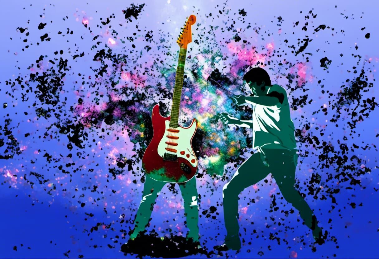 Psychedelic Guitarist Smashing Guitar: 3D Hyperrealistic Art