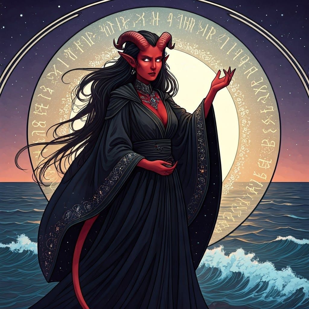 Tiefling Sorceress Casting Spell, Art Nouveau Style