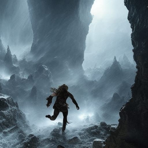 Men Running from Ghost in Dark Cave