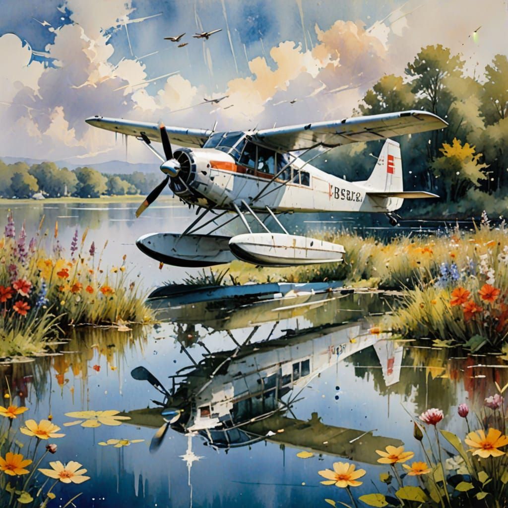 Sea plane on a lake, watercolor, quick paintin...