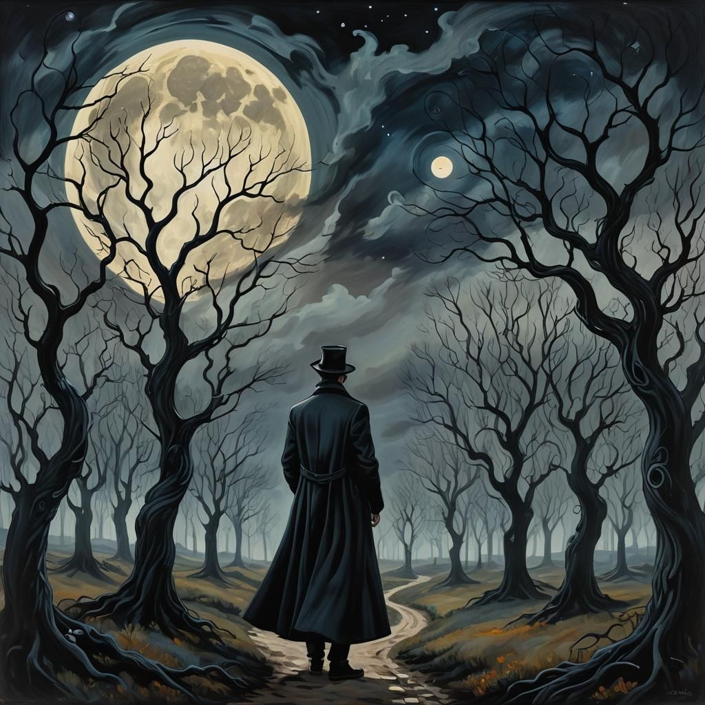 Gothic Whimsy: Night Figure in Burtonesque Landscape
