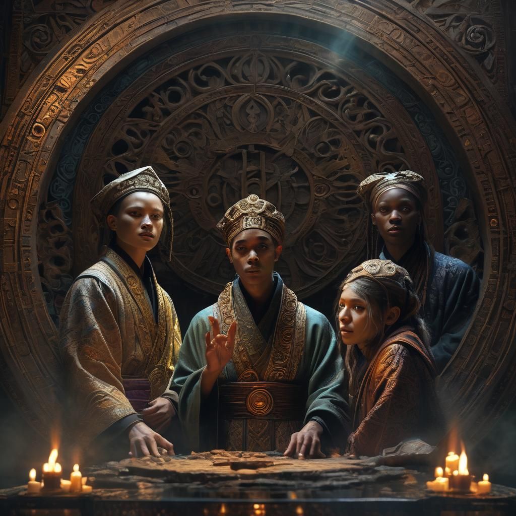 People Worshipping Glowing Word in Mystical Chamber