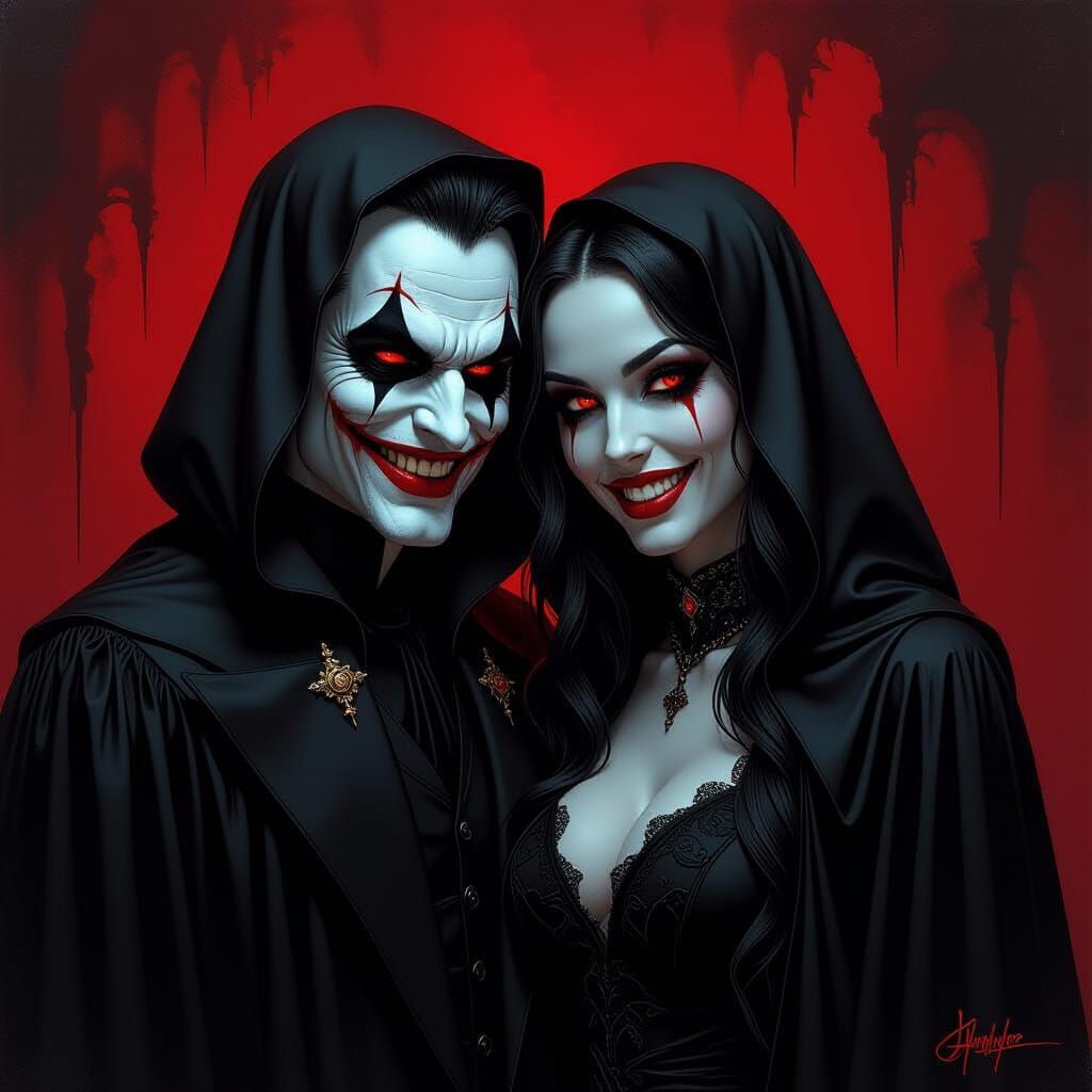 Satanic Robe Couple with Joker Smiles in Gothic Horror Style