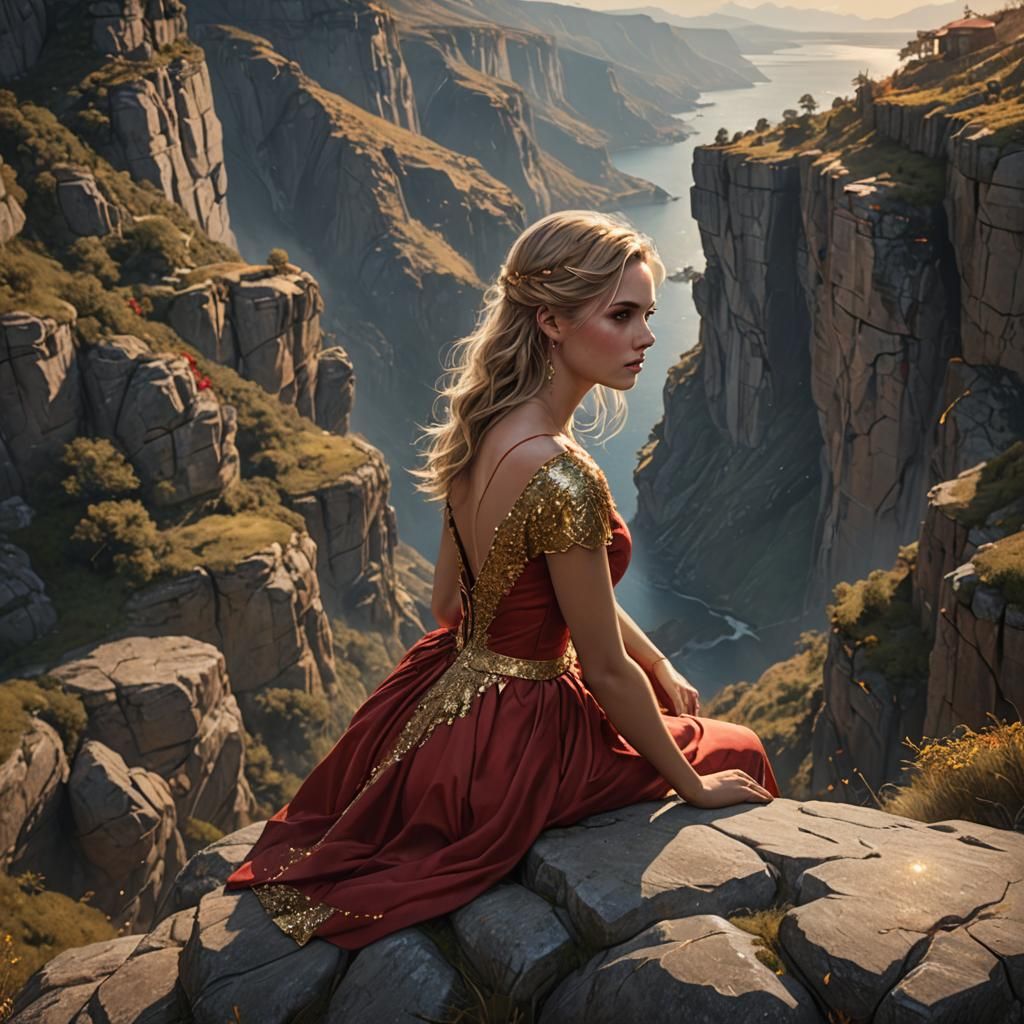 Girl in Red Dress on Cliff, Fantasy Concept Art