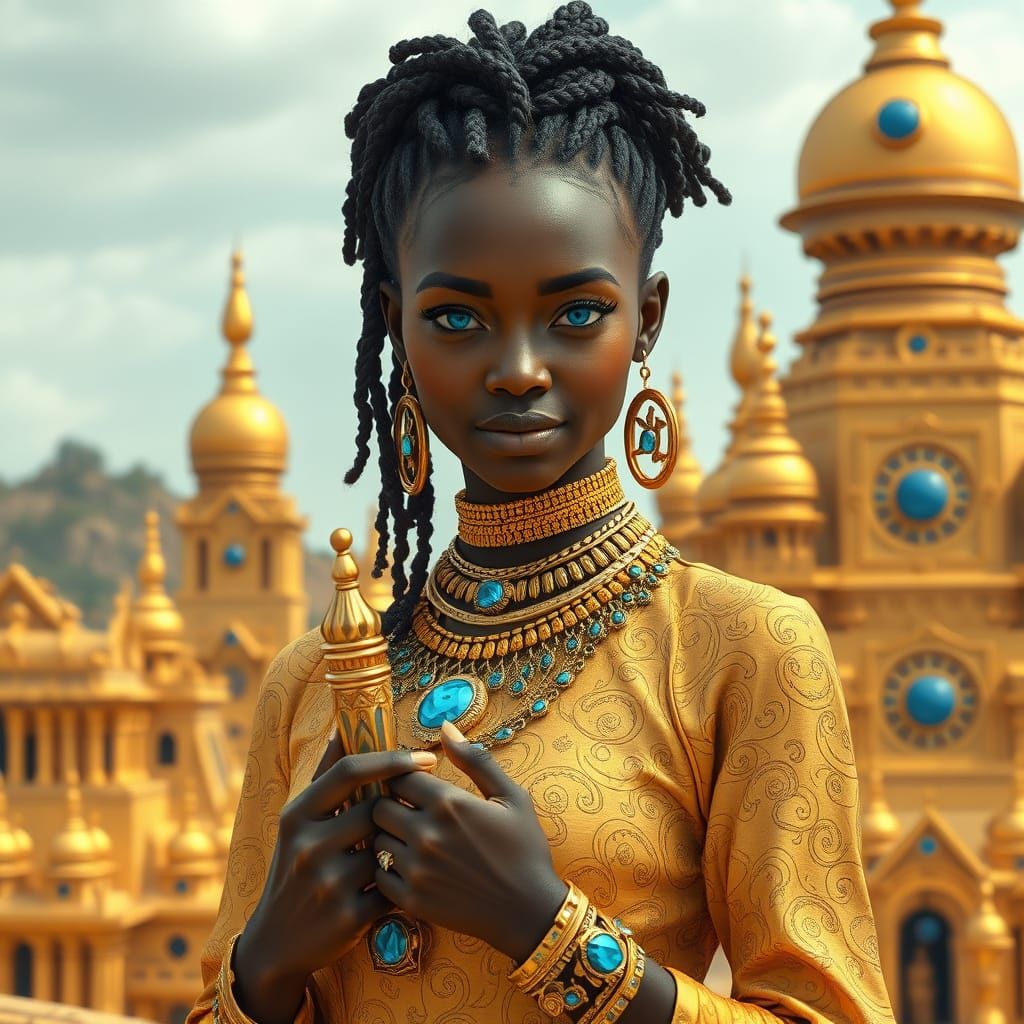 Futuristic African Woman in Golden City, Hyperrealistic Styl...
