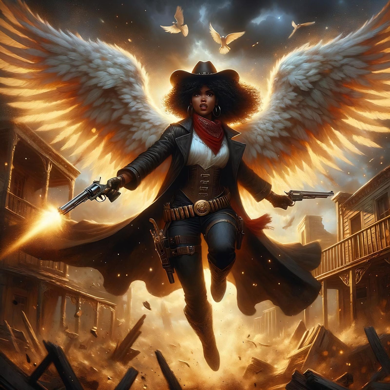 Angelic Gunslinger in Decaying Western Town, Romantic Style