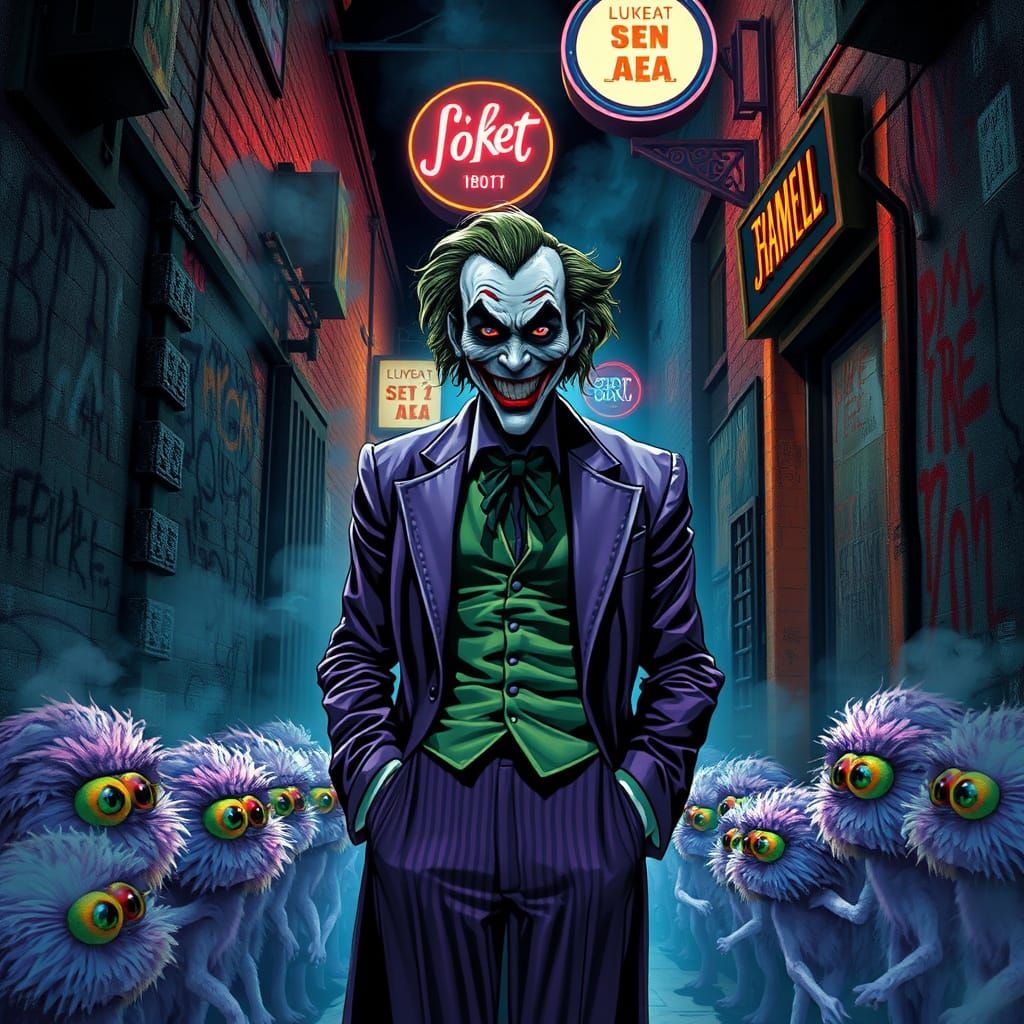 The Joker's Surreal Gathering in Gothic Graphic Style