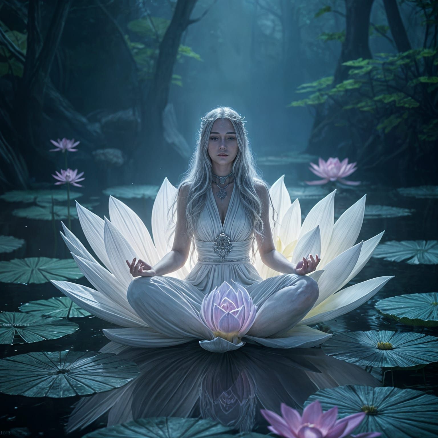 A Serene Draenei Priestess in a Bioluminescent Lotus