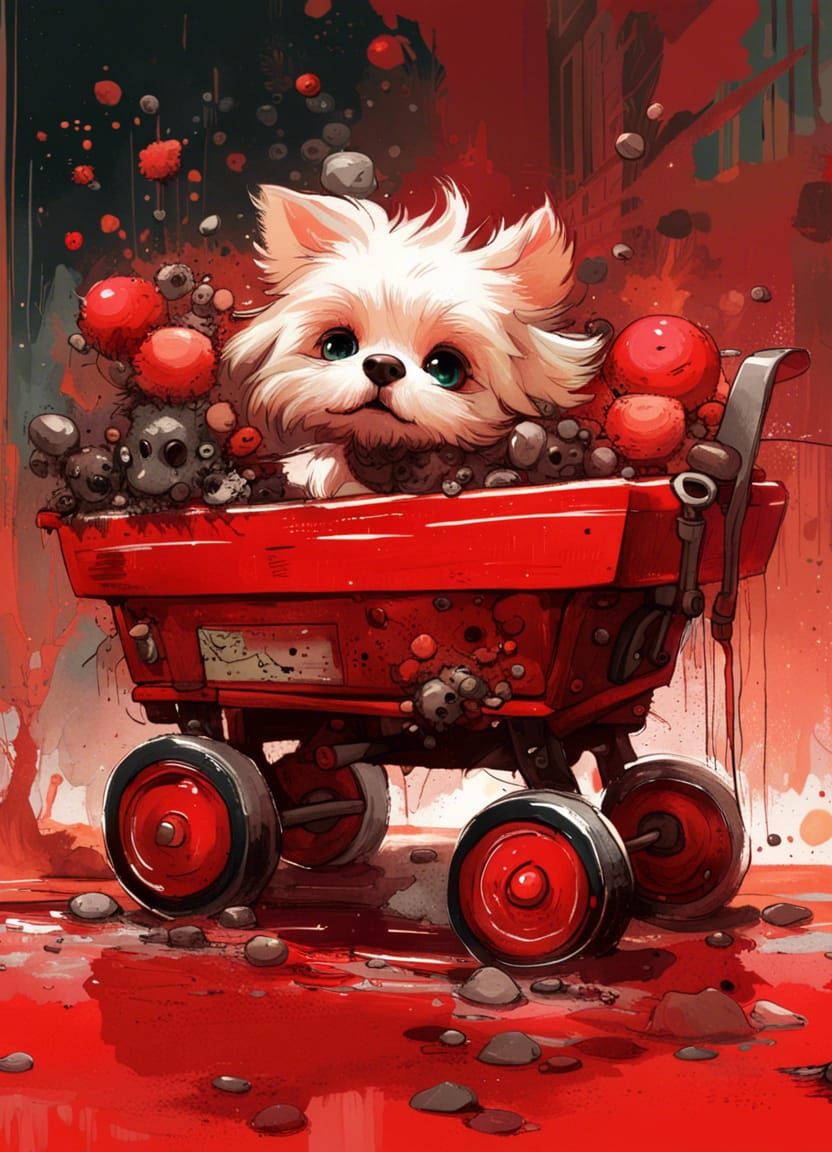 An adorable chibi robot dog in a red wagon