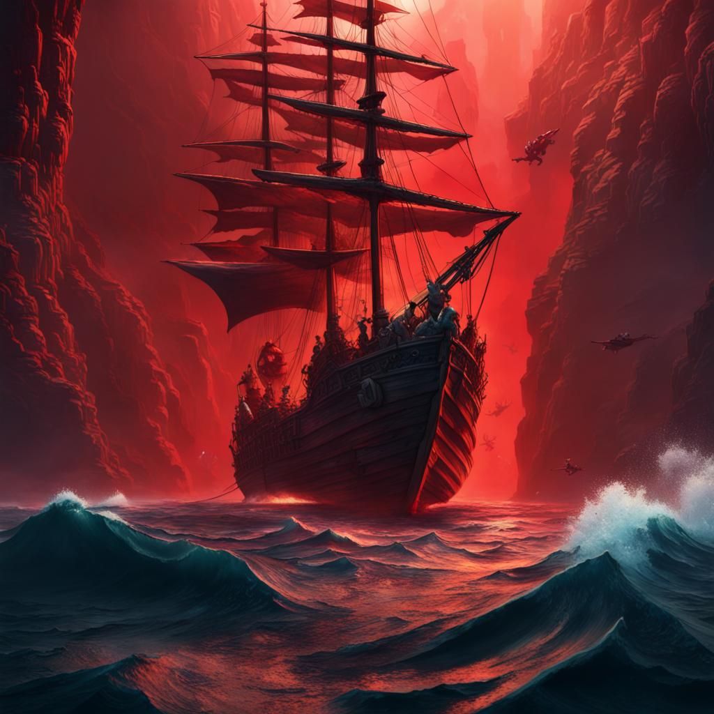 Pirate Ship Sailing into Red Abyss