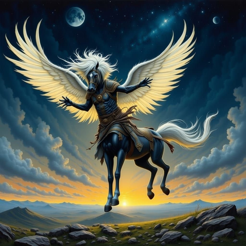Winged Horse Soaring Through Night Sky