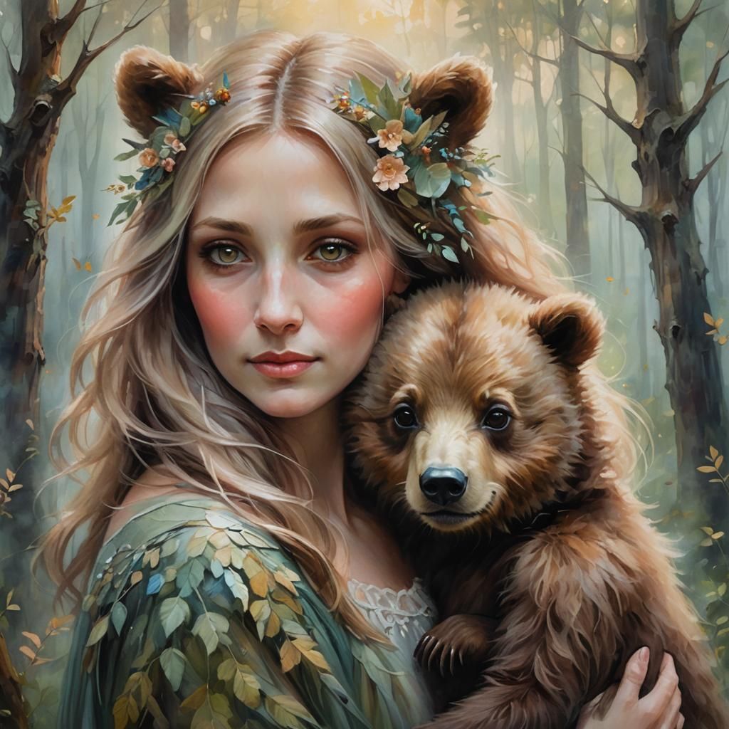 Mother Bear and Child in Forest, Whimsical Oil Painting