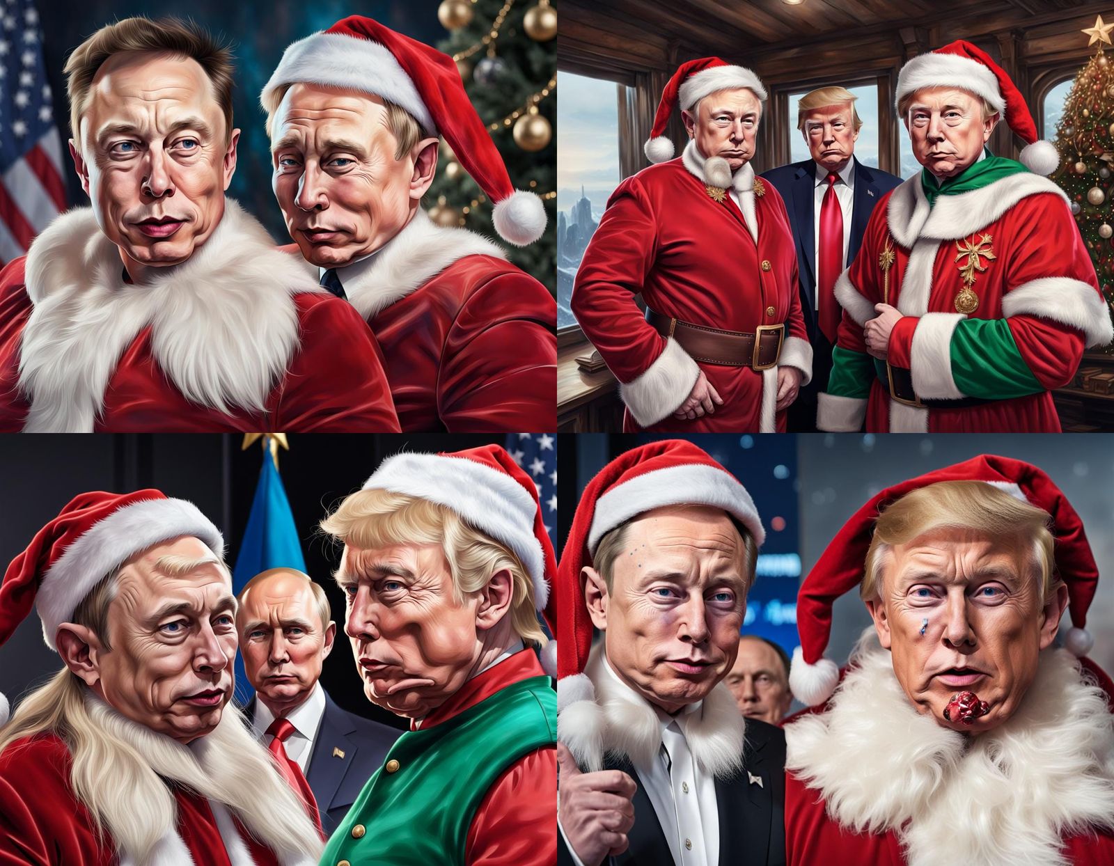 Elon Musk, Trump as Elves, Putin as Santa