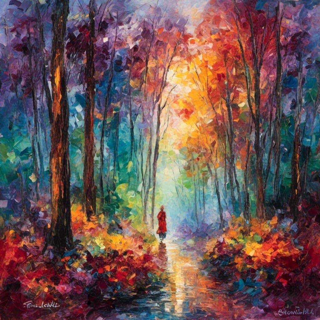 Woman in Rainy Forest, Impasto Painting