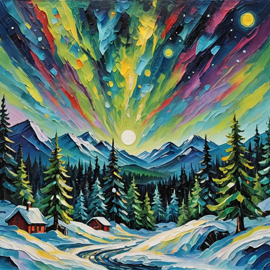 Neo-Expressionist Snow Globe with Northern Lights