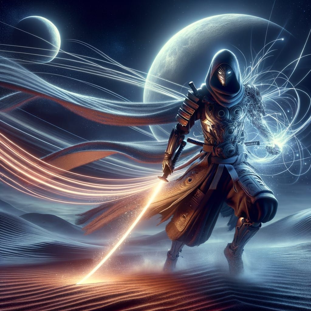 Futuristic Samurai on Alien Planet with Dual Moons