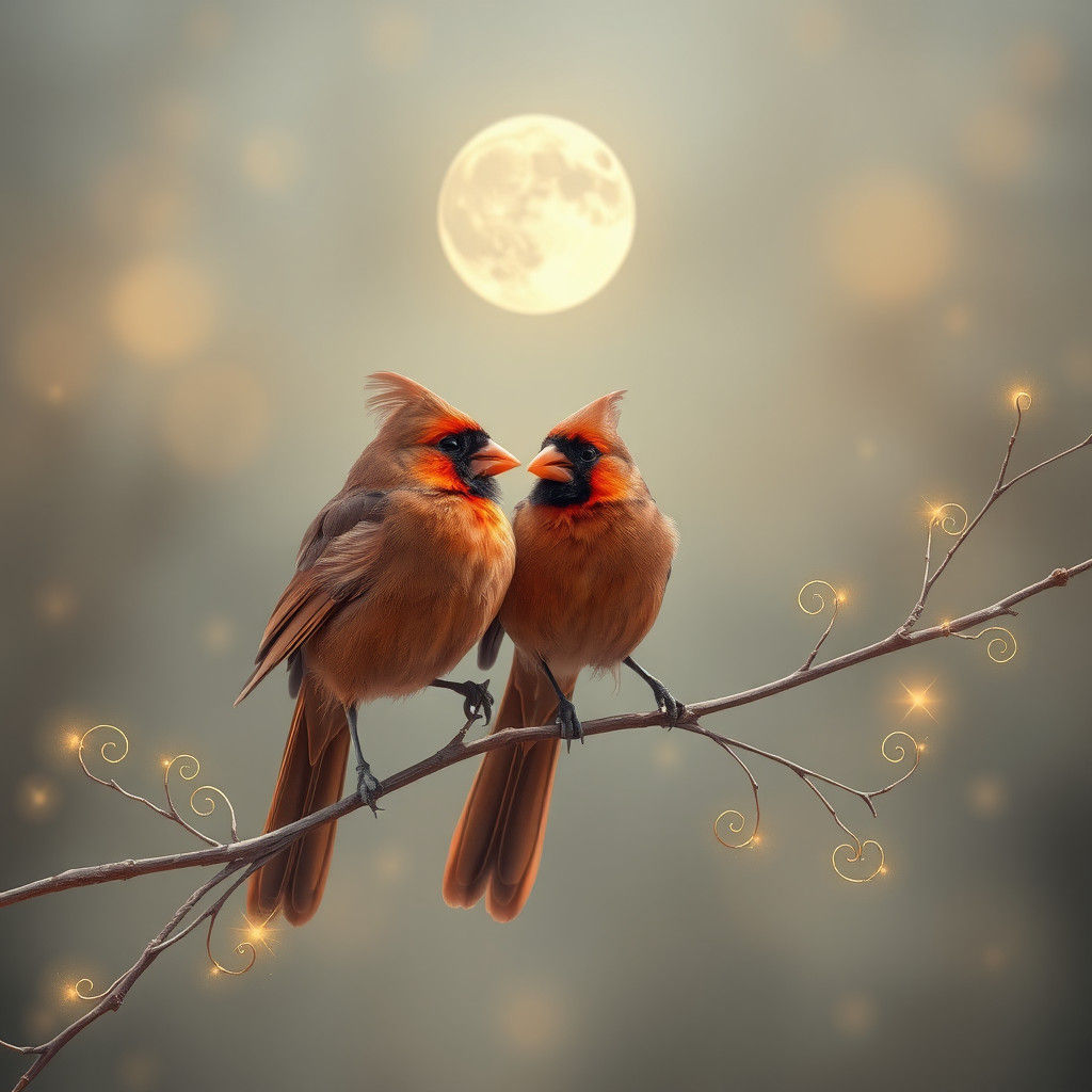 Cardinals in Luminous Mist: Hyper-Realistic Digital Art