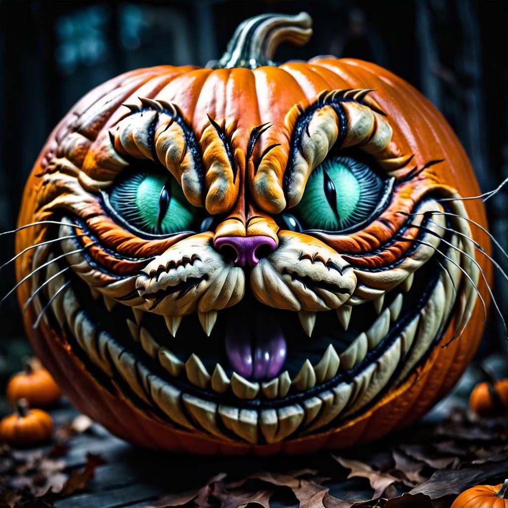 Evil Cheshire Cat Pumpkin Carving: Hyperrealistic Close-Up