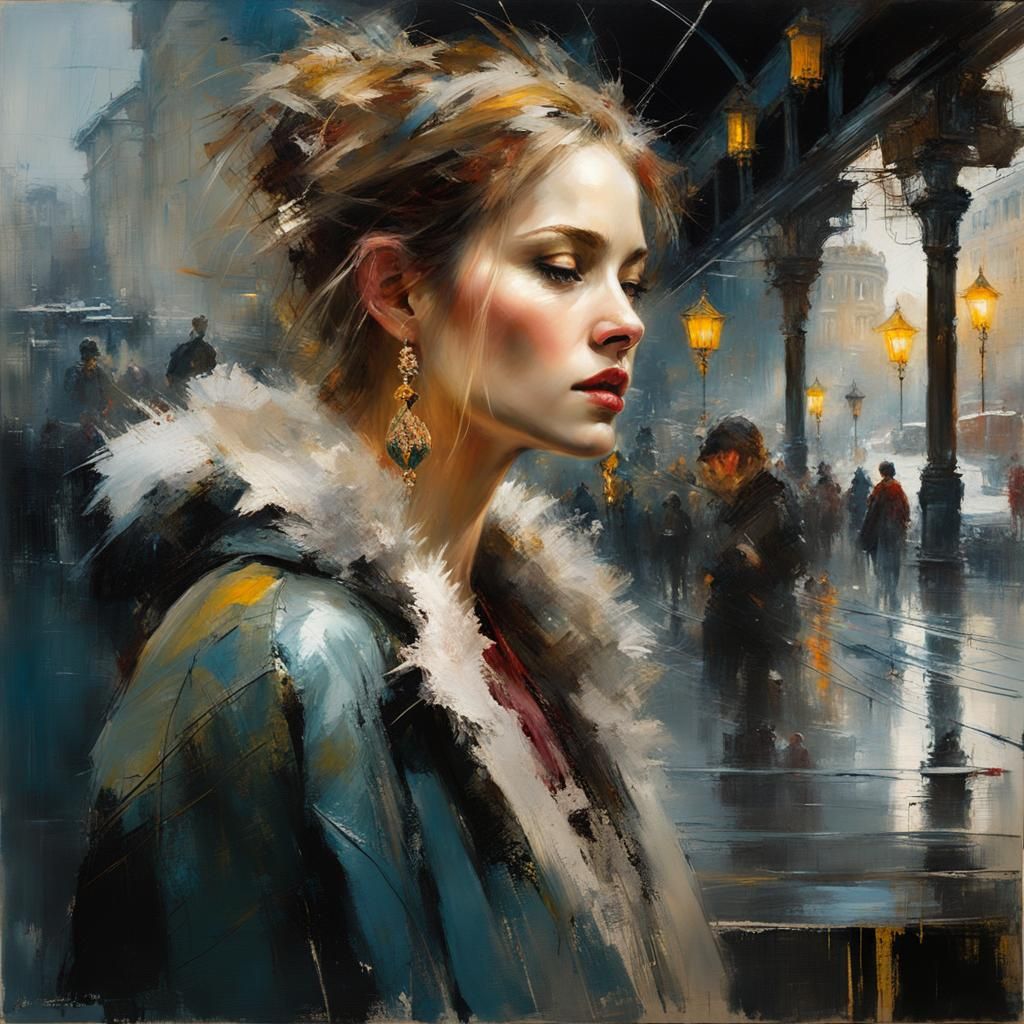 Woman in Winter: Emotional Oil Painting