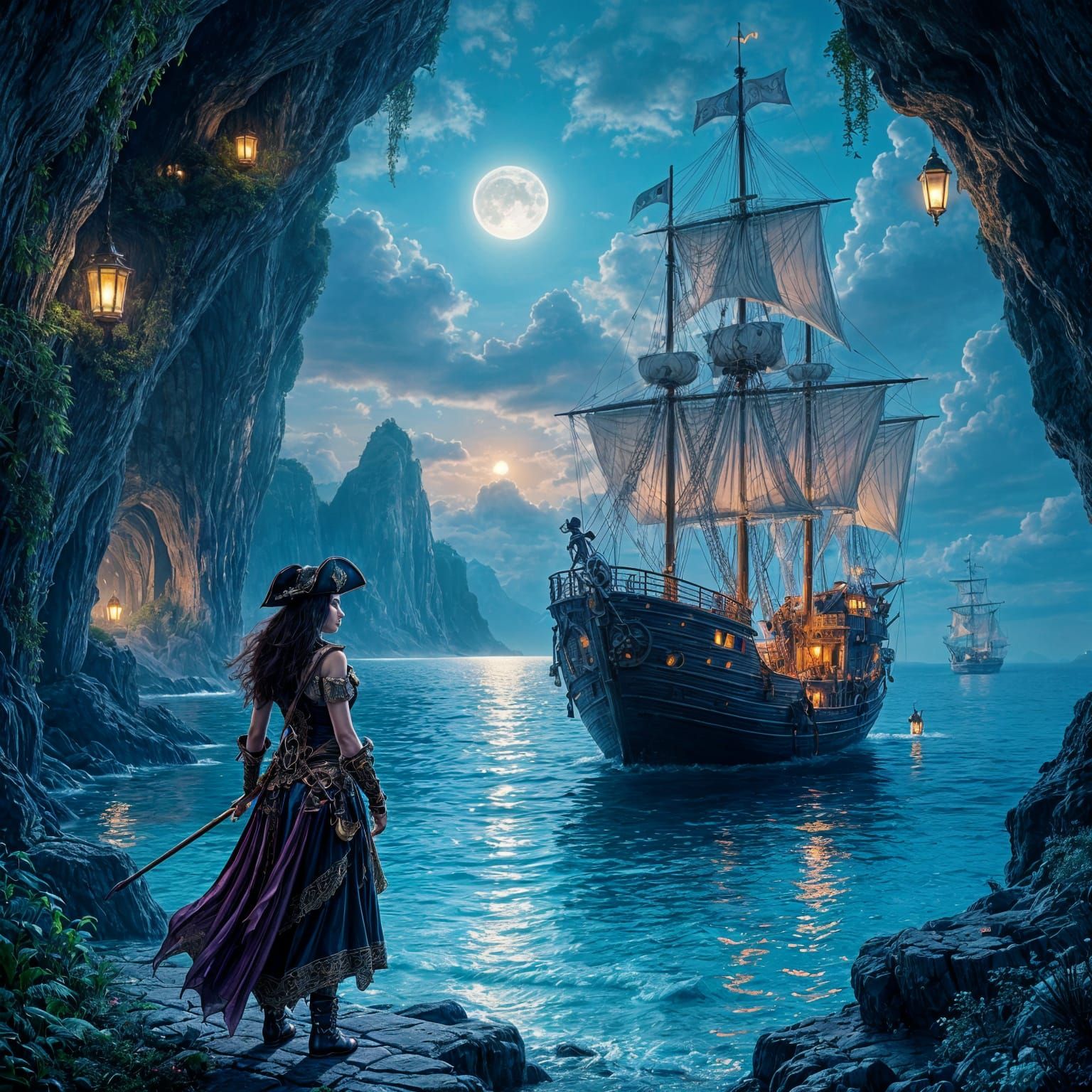 Dreamy Pirate Island at Twilight with Crystal Caves