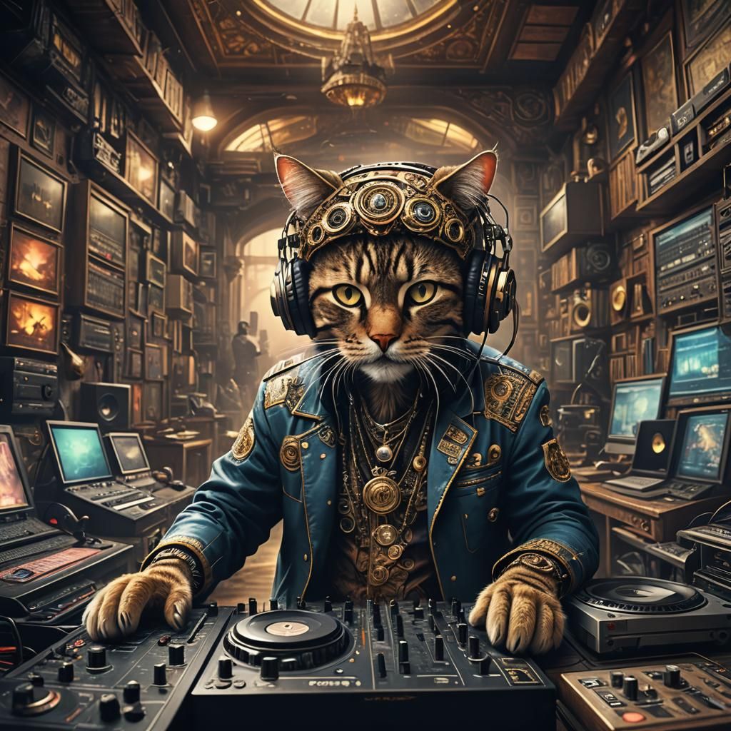 Cat DJ Mixing Music in Disco