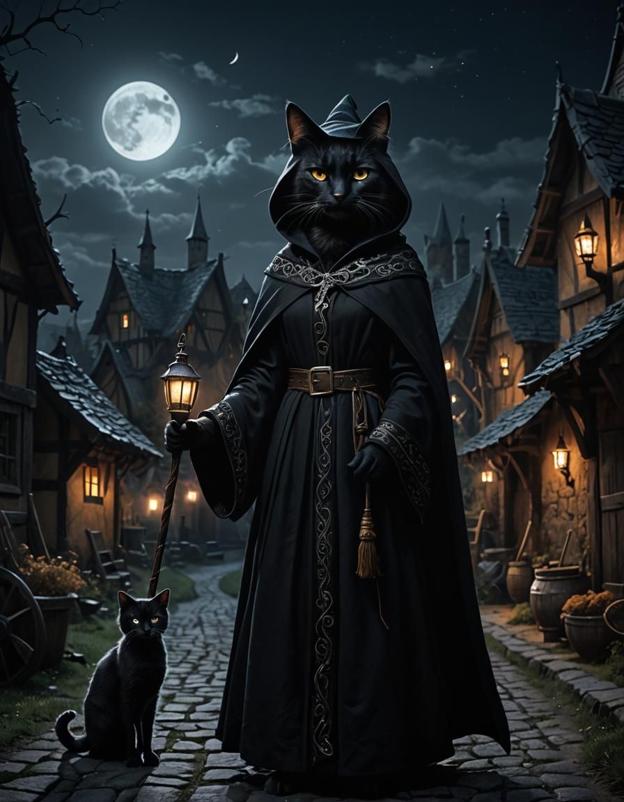 Cat Witch in Medieval Village: Dark Fantasy Art