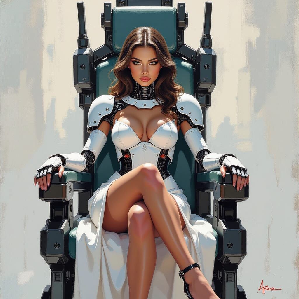 Woman on Throne Amidst Robots, Gouache Painting