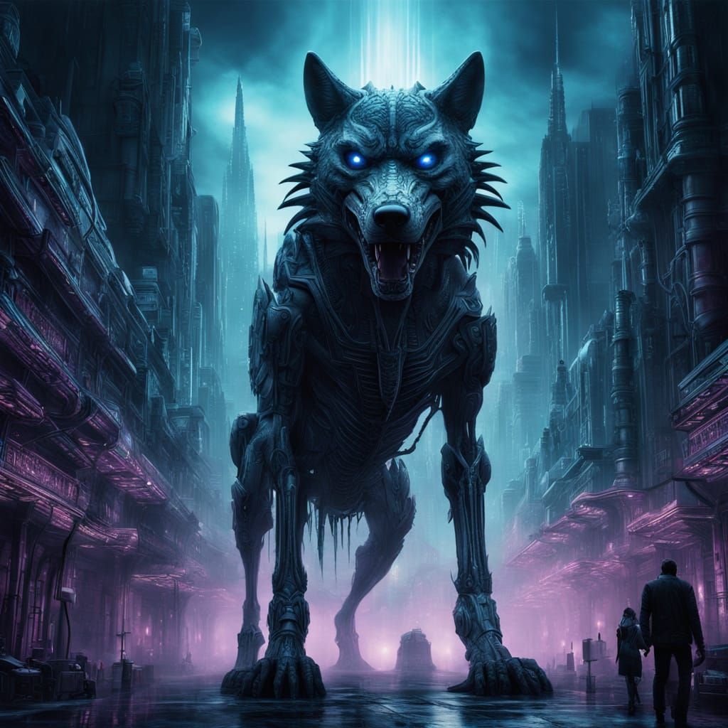 Cybernetic Wolf on Neon Street in Surreal City