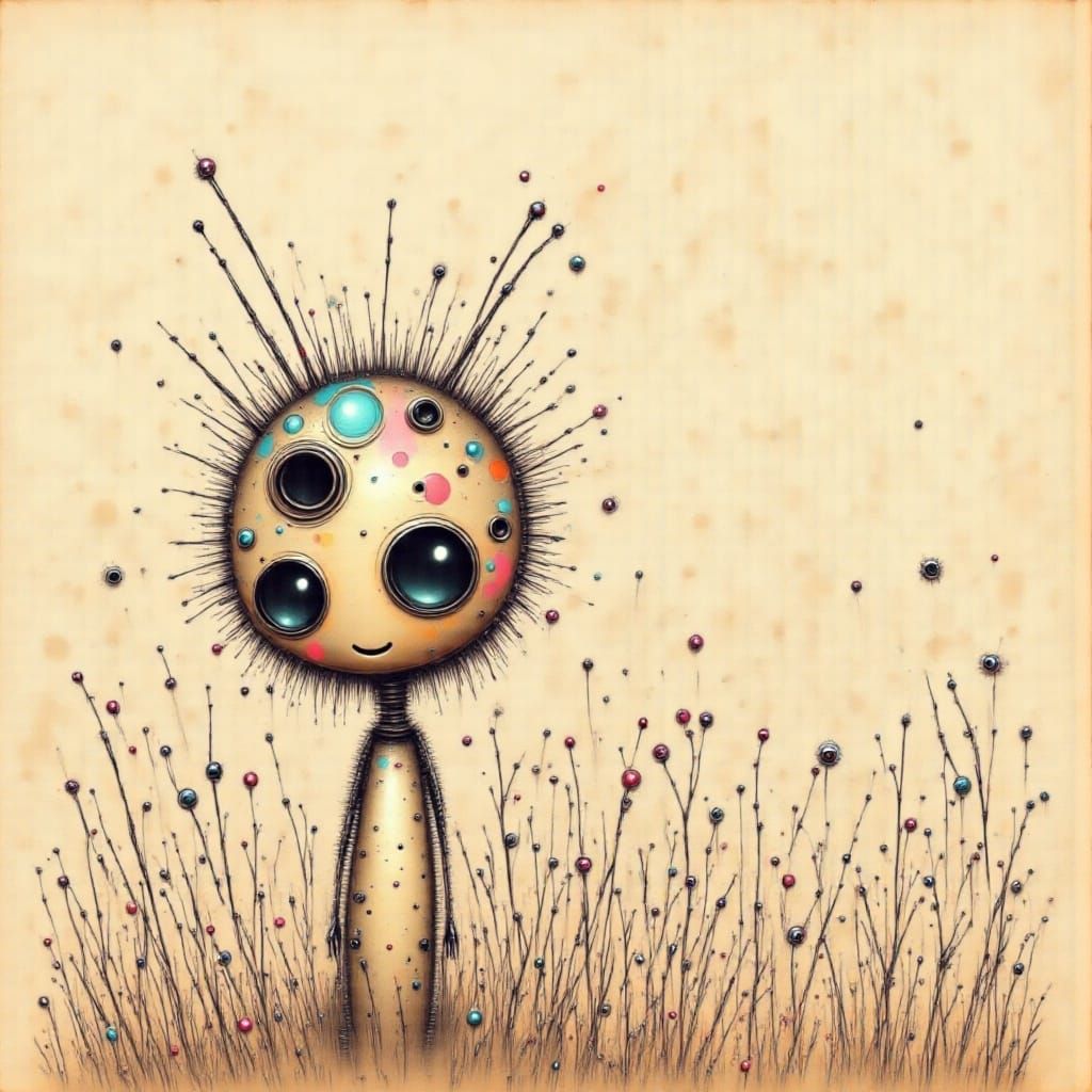 Cute Patchwork Robot Offers Flower in Warm Tones