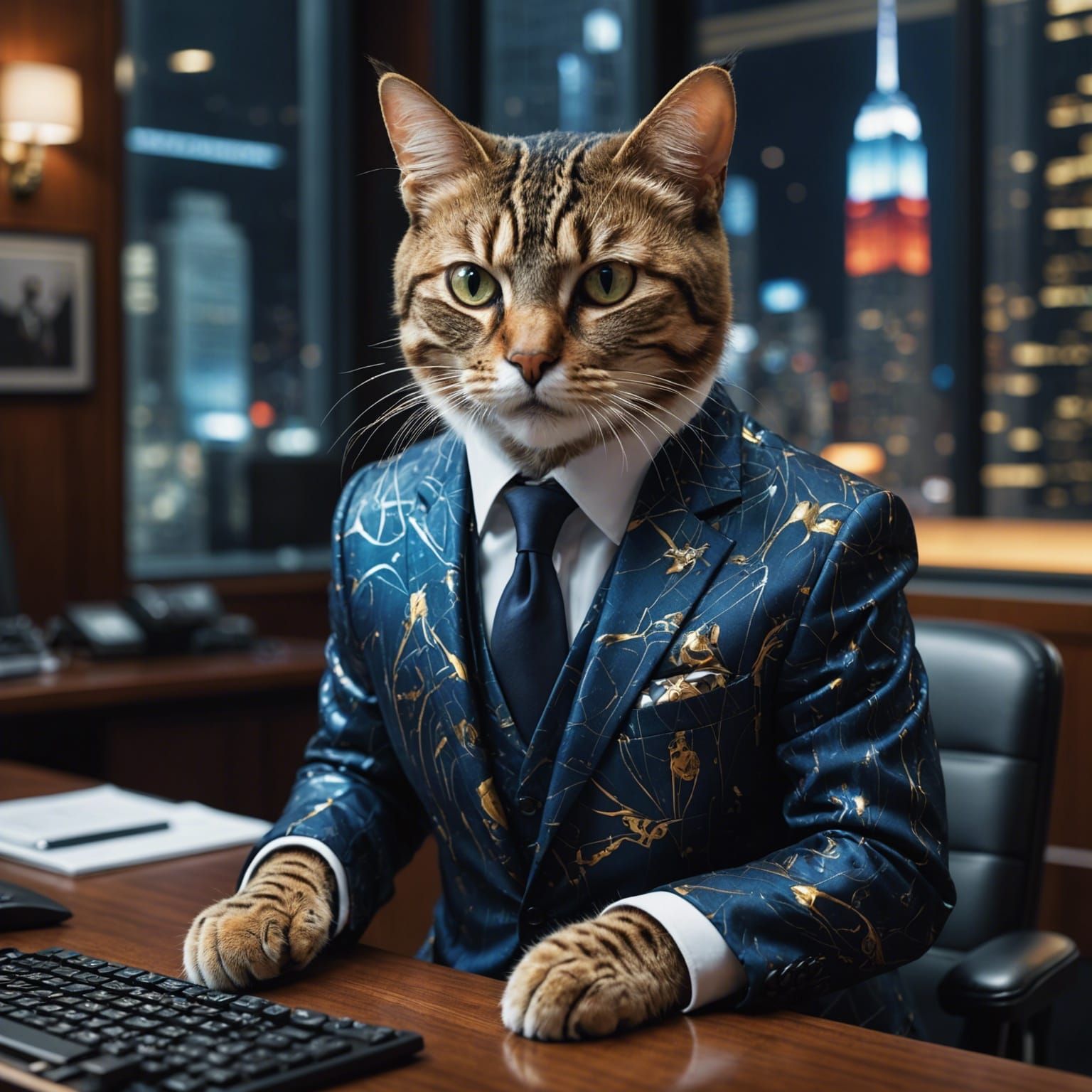 Cat in Armani Suit: Hyper-Realistic Digital Illustration