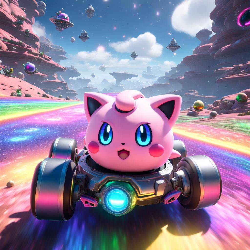 Jigglypuff Races on Rainbow Road in Sci-Fi Style