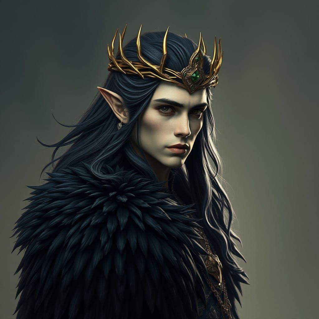 Majestic Black Haired Elven King in Regal Attire