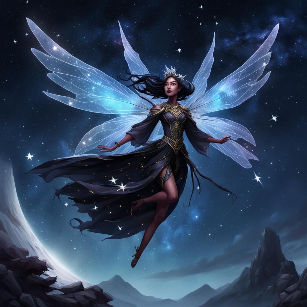 Dark Fairy Flies Through the Starry Sky