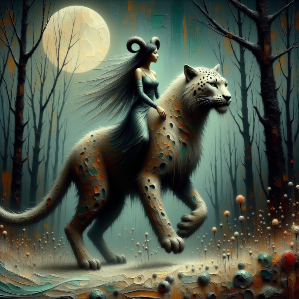 Woman Rides Leopard Through Mystical Forest