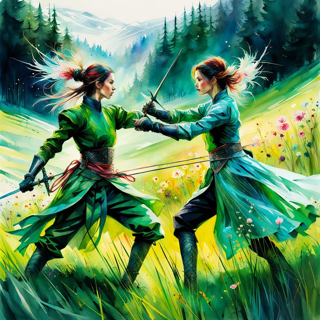 Medieval Fencers Duel in Watercolor Meadow