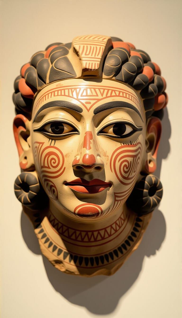 Ancient Terracotta Mask with River and Agricultural Symbols