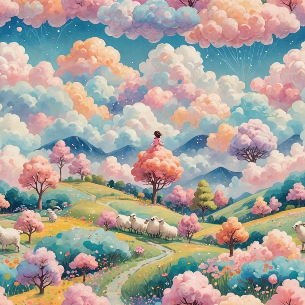 Dreamy Meadow Scene with Girl and Sheep