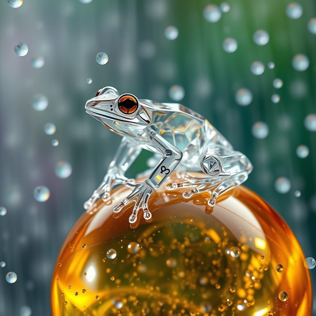 Crystal Frog Amidst a Radiant Rainbow Storm