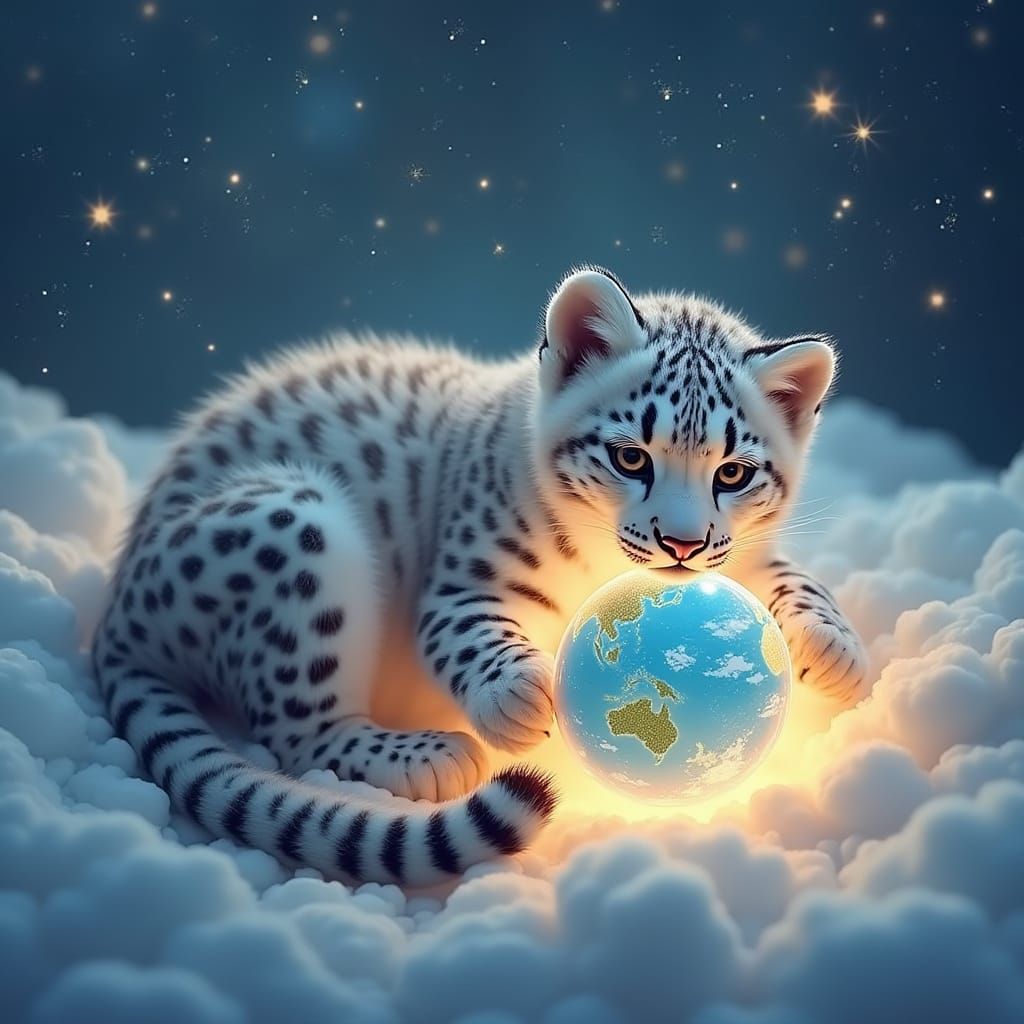 Snow Leopard Cub Cradling Earth on Clouds
