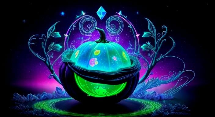 Neon Rainbow Pumpkin with Diamond Gems in Cosmic Aurora