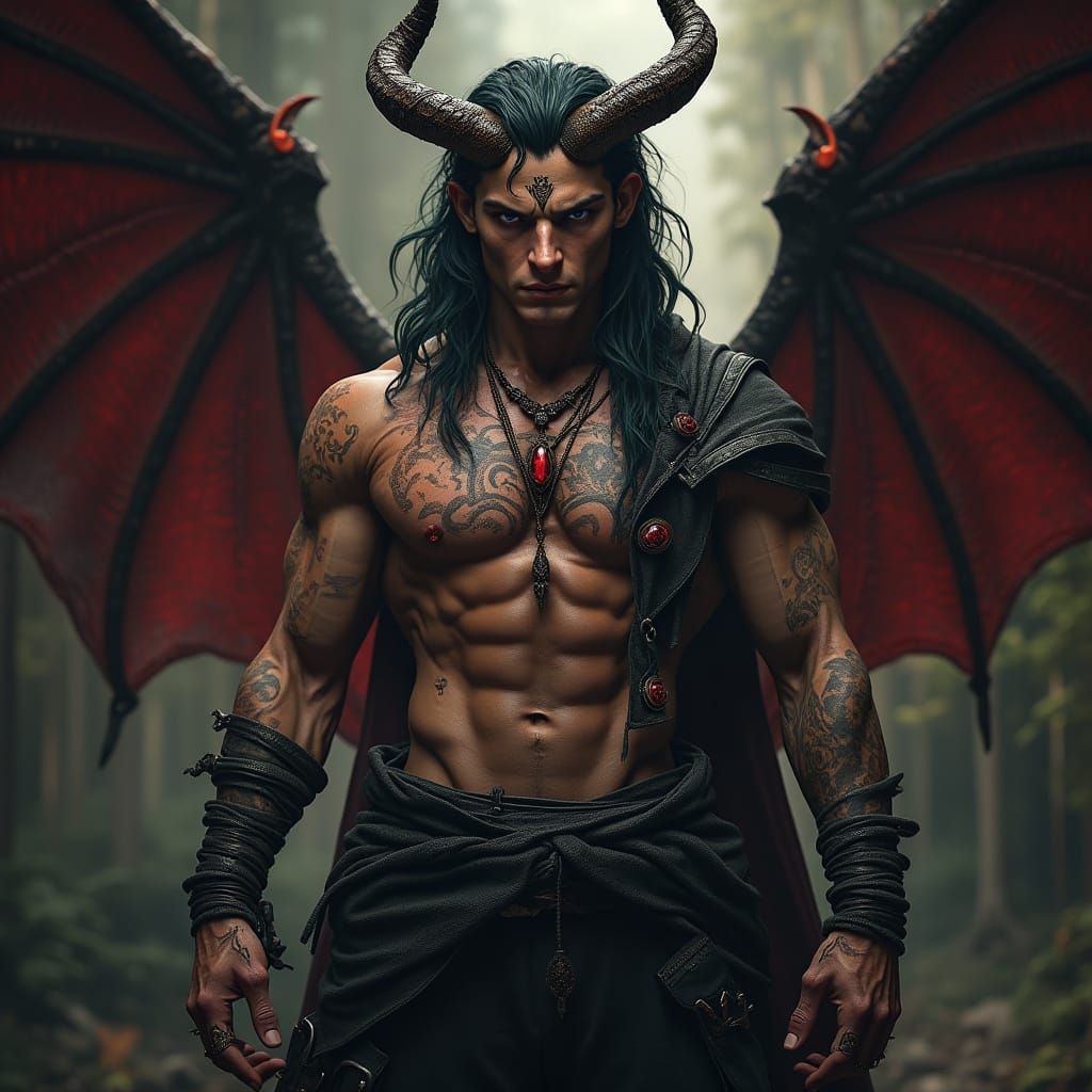 Epic Dark Fantasy Incubus Demon in Leather and Tattoos