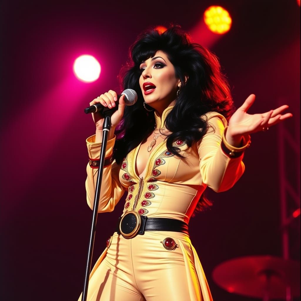 Cher on Stage in 1970s Retro Art Deco Style